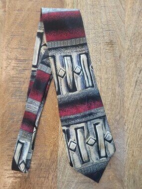 Studio 1409 New York Silk Tie Mens Geometric Abstract Red Black Silver Grey 4”